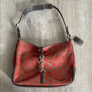 Coach Hampton Red Signature Jacquard Shoulder Hobo Bag with Brown Trim